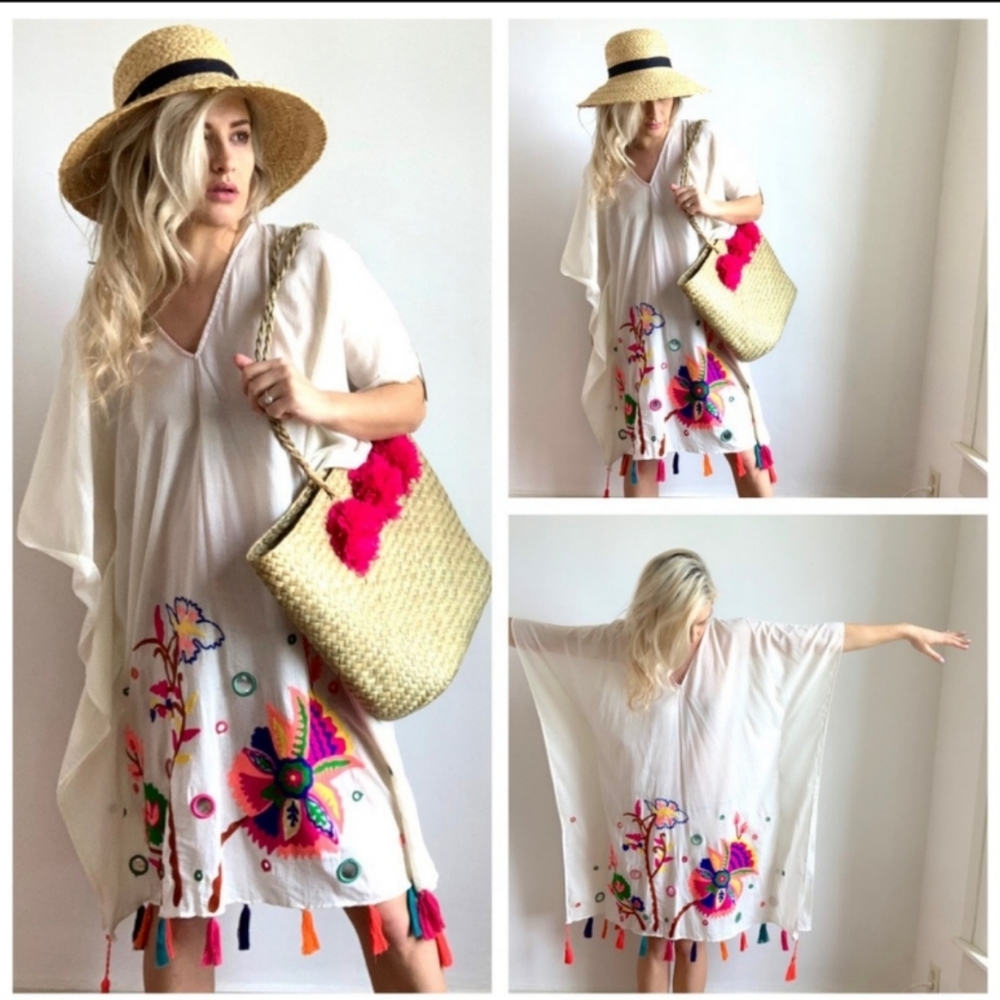 Tassel Embroidered Poncho Coverup Love Stitch